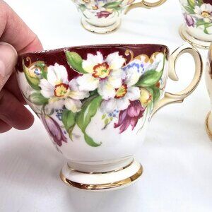 Bell China Fine Bone China Narcissus Teacups Lot Of 4 Burgundy Flower Fall